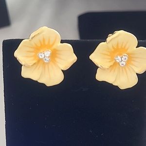 Vintage Clip on Enamel & CZ earrings Pansy Flower petal design